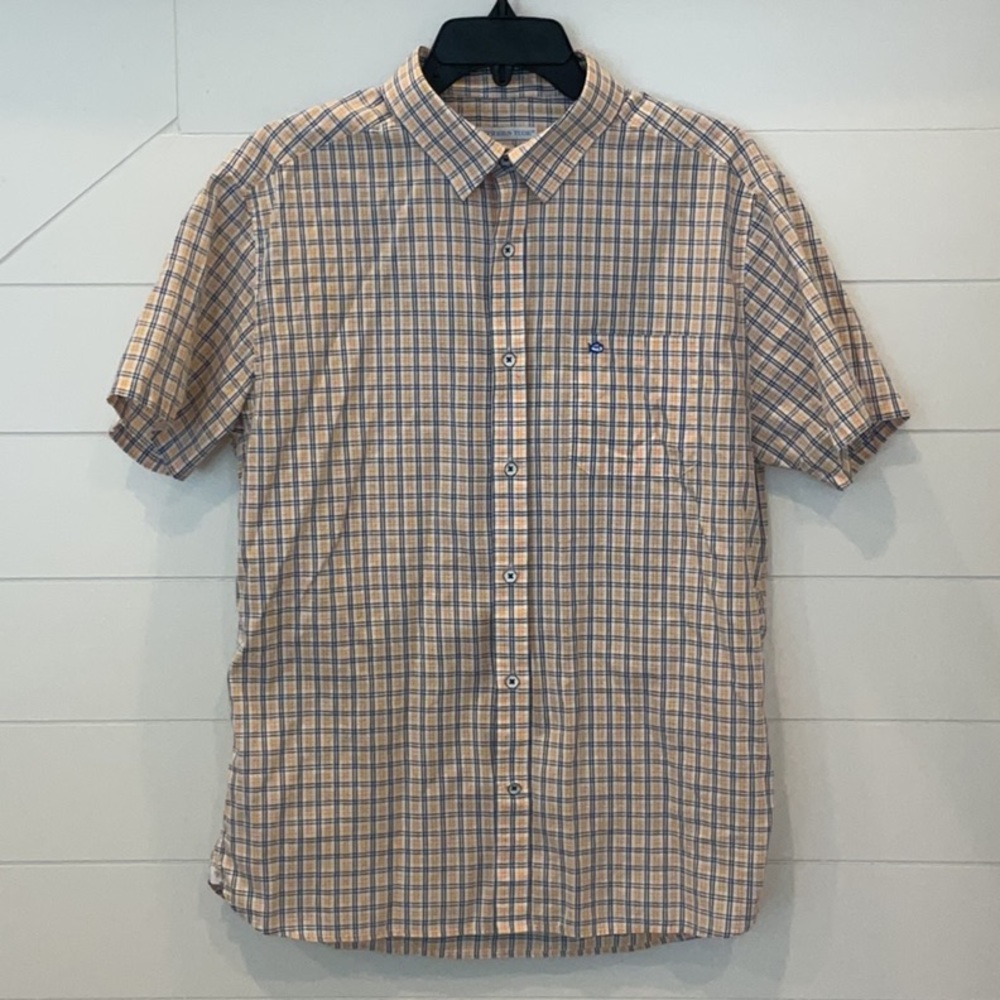SOUTHERN TIDE Mens Orange/Navy/White Plaid Button Down Short Sleeve Shirt L